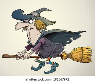 Cartoon witch flying on her broomstick