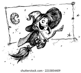 Cartoon witch flying on her broom. Vector Halloween  illustration. Hand drawn vector sketch