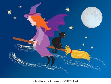 A cartoon witch flying through the night sky on her broomstick with a black cat. there is a full moon and stars are twinkling