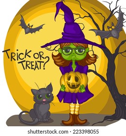 Cartoon Witch Girl With Bat, Broom And Pumpkins On Halloween Background, Eps 10 Vector Illustration