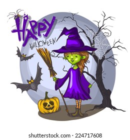 Cartoon Witch Girl With Bat, Broom And Pumpkins On Halloween Background, Eps 10 Vector Illustration