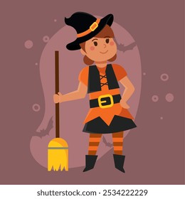 Cartoon witch girl with broom in orange Halloween costume, Vector