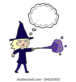 cartoon witch girl casting spell with thought bubble