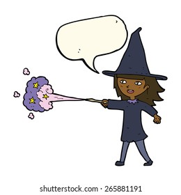 cartoon witch girl casting spell with speech bubble