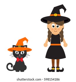 cartoon witch girl and cat