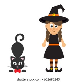 cartoon witch girl with cat