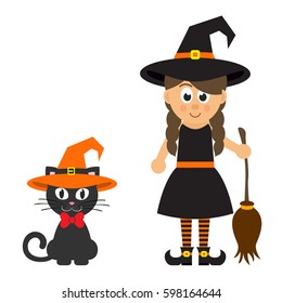 cartoon witch girl with cat and broom