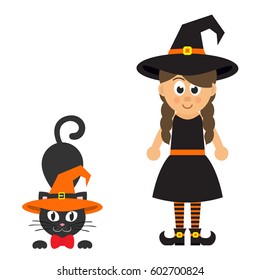 cartoon witch girl with cat and hat