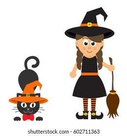cartoon witch girl with cat and hat and broom