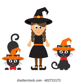 cartoon witch girl with cat set