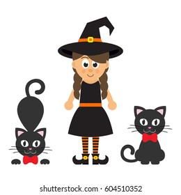 cartoon witch girl with cats set