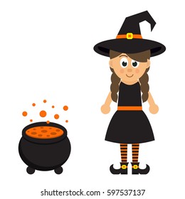 cartoon witch girl and cauldron