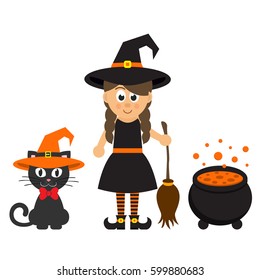 cartoon witch girl with cauldron and broom and cat