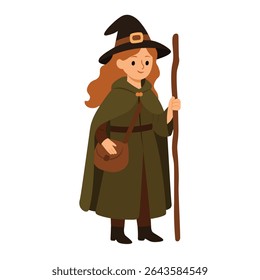 Cartoon witch girl in cloak with staff. Flat vector illustration on white background for Halloween.