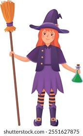 Cartoon witch girl. Fantasy character with broom and potion isolated on white background