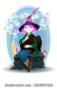 Cartoon witch girl with fellow cats. Vector illustration of young lady sorcerer with pink hair