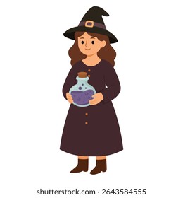 Cartoon witch girl holding magic potion. Flat vector illustration on white background for Halloween.