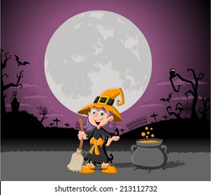 Cartoon witch girl on halloween cemetery background 