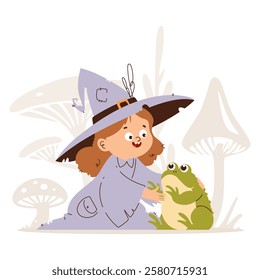 A cartoon witch girl in a purple outfit interacting with a green frog, surrounded by whimsical mushrooms in a magical forest.