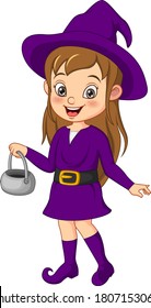 Cartoon witch girl wearing in purple dress and hat