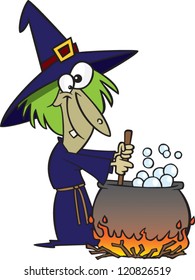 cartoon witch with green skin stirring a bubbling cauldron