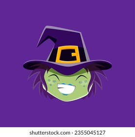 Caricatura de bruja de Halloween personaje emoji. Cara aislada de la hebra vectorial caprichoso con piel verde, sombrero puntiagudo y una mueca maligna transmite diversión espeluznante juguetona a los mensajes durante el chat de la temporada navideña