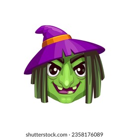 Cartoon witch Halloween emoji character. Isolated vector old evil hag face with green skin and toothless mouth, wear pointed hat, and spooky grin conveys playful fun to messages during holiday chat