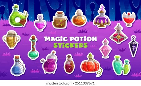 Cartoon witch Halloween magic potion bottle stickers pack, Vector patches with mystical glass vials filled with magical spell drinks and colorful liquids at spooky mysterious dark forest background