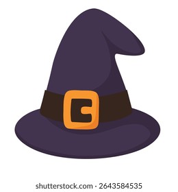 Cartoon witch hat with buckle. Flat spooky vector illustration on white background for Halloween.