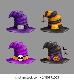 Cartoon witch hat, colorful icons set. Halloween costume element. Vector illustration.