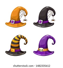 Cartoon witch hat, colorful icons set. Halloween costume element. Vector illustration.
