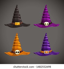 Cartoon witch hat, colorful icons set. Halloween costume element. Vector illustration.