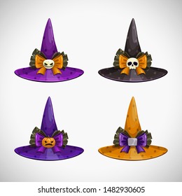 Cartoon witch hat, colorful icons set. Halloween costume element. Vector illustration.