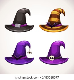 Cartoon witch hat, colorful icons set. Halloween costume element. Vector illustration.