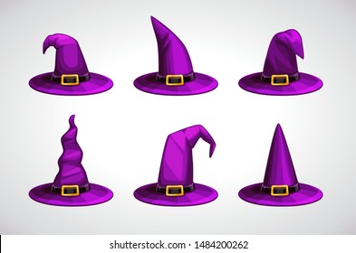 Cartoon witch hat, colorful icons set. Halloween costume element. Vector illustration.
