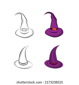 Cartoon witch hat, colorful icons set. Halloween costume element.