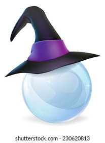 A cartoon witch hat on a crystal ball with copy space on the crystal ball.