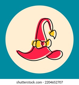 Cartoon witch hat vector icon, magician red headwear with yellow bow-knot. Halloween costume, wizard cap isolated on beige sticker.