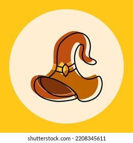 Cartoon witch hat vector icon, magician brown vintage head wear. Halloween costume, wizard cap isolated on beige sticker.