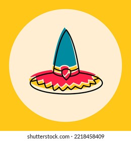 Cartoon witch hat vector icon, magician colourful headwear. Halloween costume, wizard cap isolated on beige sticker.