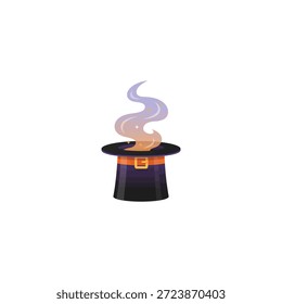 Ilustración vectorial de sombrero de bruja de dibujos animados. Representa sombreros mágicos, accesorios de hechicería y humo místico.