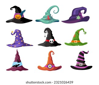 Cartoon witch hats, Halloween party costume elements. Wizard striped hats. Witch hats vector icons, cartoon wizard headwear, traditional magician caps. Halloween witchcraft party collection. Vector