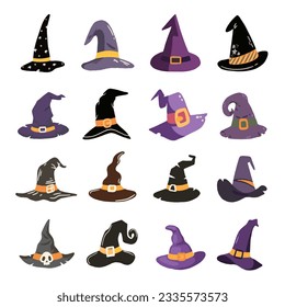 Cartoon witch hats, Halloween party costume elements. Wizard striped and spooky decorated hats vector symbols illustrations set. Halloween witchcraft party collection