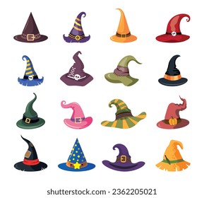 Cartoon witch hats, Halloween party costume elements. Wizard striped and spooky decorated hats vector symbols illustrations set. Halloween witchcraft party collection