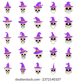 Cartoon witch hats, Halloween party costume elements. Wizard striped and spooky decorated hats vector symbols illustrations set. Halloween witchcraft party collection