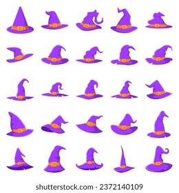 Cartoon witch hats, Halloween party costume elements. Wizard striped and spooky decorated hats vector symbols illustrations set. Halloween witchcraft party collection