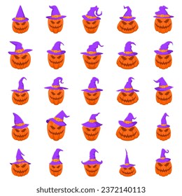 Cartoon witch hats, Halloween party costume elements. Wizard striped and spooky decorated hats vector symbols illustrations set. Halloween witchcraft party collection