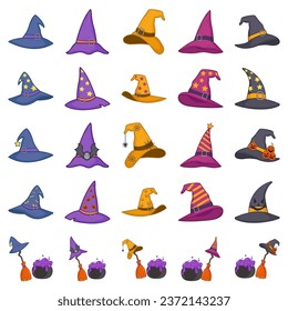 Cartoon witch hats, Halloween party costume elements. Wizard striped and spooky decorated hats vector symbols illustrations set. Halloween witchcraft party collection