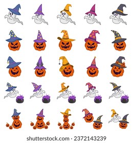 Cartoon witch hats, Halloween party costume elements. Wizard striped and spooky decorated hats vector symbols illustrations set. Halloween witchcraft party collection