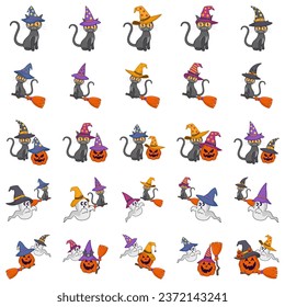 Cartoon witch hats, Halloween party costume elements. Wizard striped and spooky decorated hats vector symbols illustrations set. Halloween witchcraft party collection